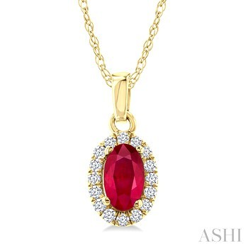 10 Karat Yellow Gold 5X3 Oval Ruby  Single Cut Round Diamond Halo Pendant 0.07 Ct
18 Inch