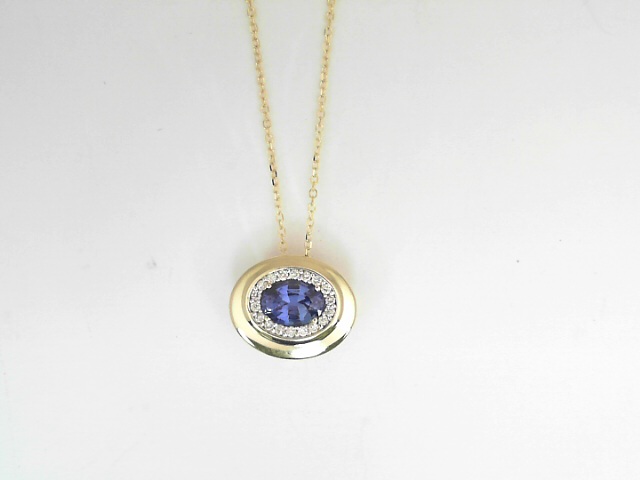 14 Karat Yellow Gold 0.94 Cts Oval Cut Sapphire And 0.11 Cts Round Brilliant Cut Diamonds Oval Shaped Pendant 
Length: 18 Inch