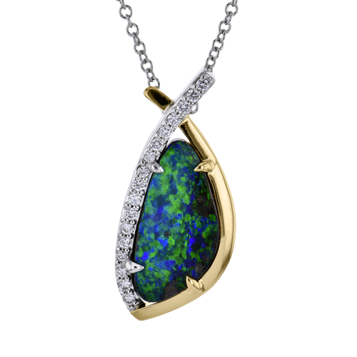 18 Karat White And Yellow Gold 2.53 Opal And 0.08 ct Diamond Pendant  
18 inch