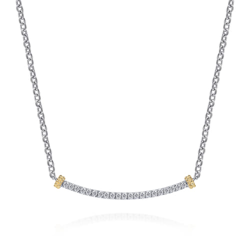 Gabriel & Co 14 Karat Yellow Gold and 925 Sterling Silver Bujukan White Sapphire Bar Necklace
18 inch