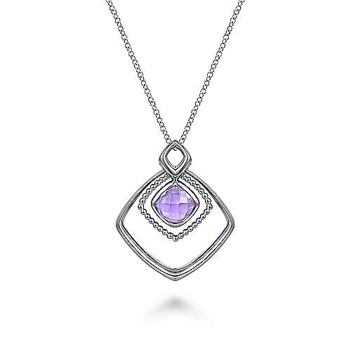 Gabriel & Co  Sterling Silver Layered Squares Necklace with Pink Amethyst Drop 18