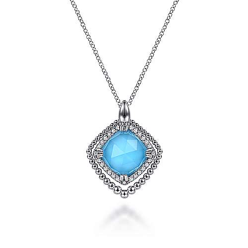 Gabriel & Co Sterling Silver White Sapphire And Rock Crystal And Turquoise Pendant Necklace 17.5