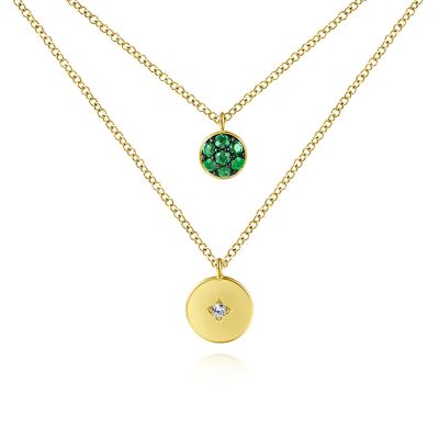 Gabriel & Co14 Karat Yellow Gold  Round Emerald Pave and Diamond Disc Necklace