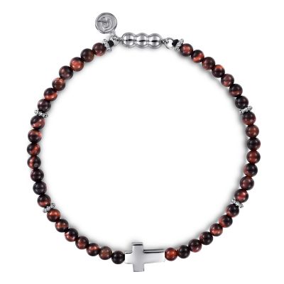 Gabriel & Co 925 Sterling Silver Cross Bracelet with Tiger Eye Beads