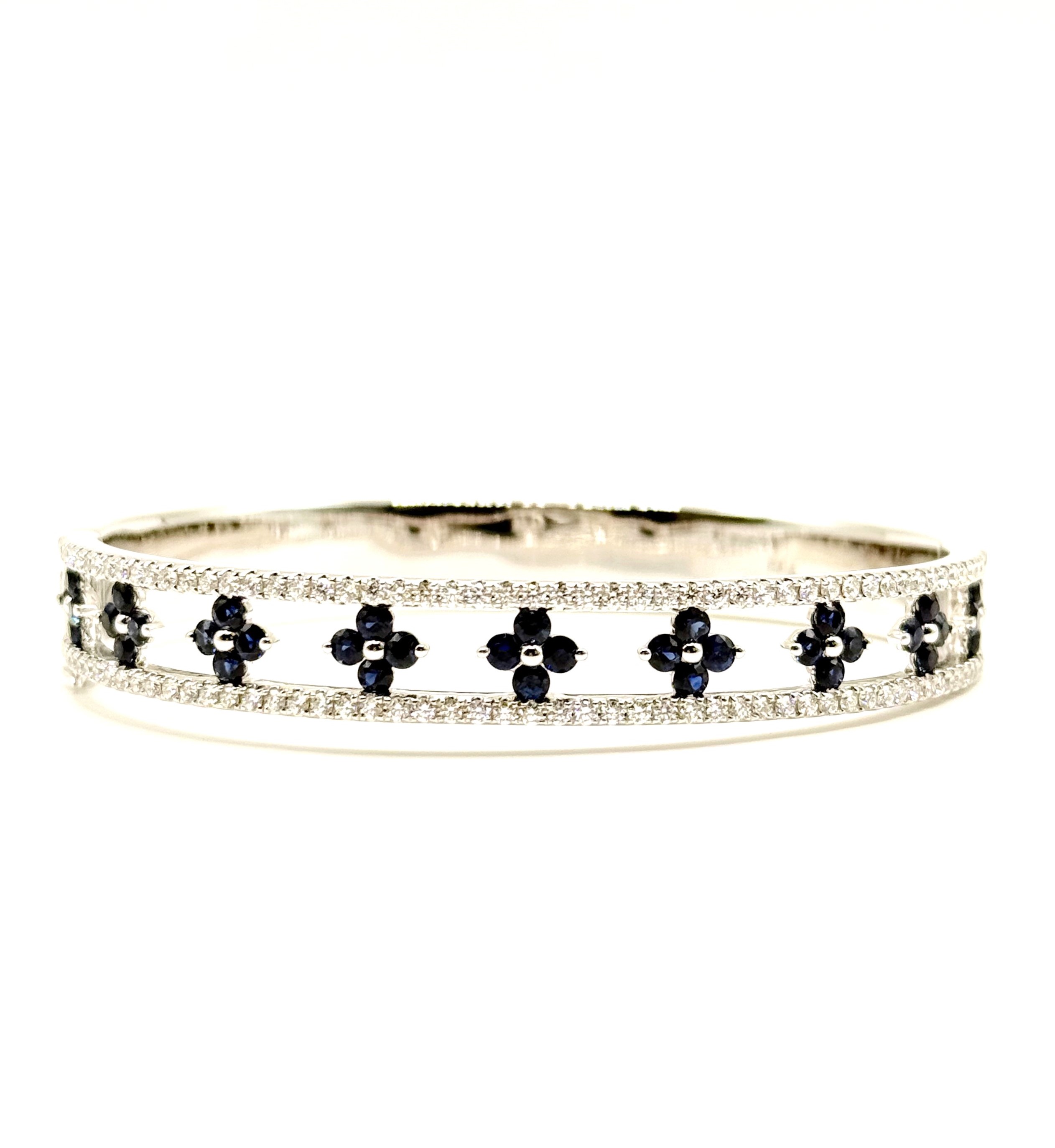 Charles Krypel 18 Karat White Gold Clover Bangle Bracelet With 9=36.00Tw Round Sapphires And 106=1.19Tw Round G/H VS-SI Diamonds