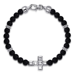 Gabriel & Co Sterling Silver 6 Mm Matte Onyx Beaded Bracelet With Square Cross 8 Inch