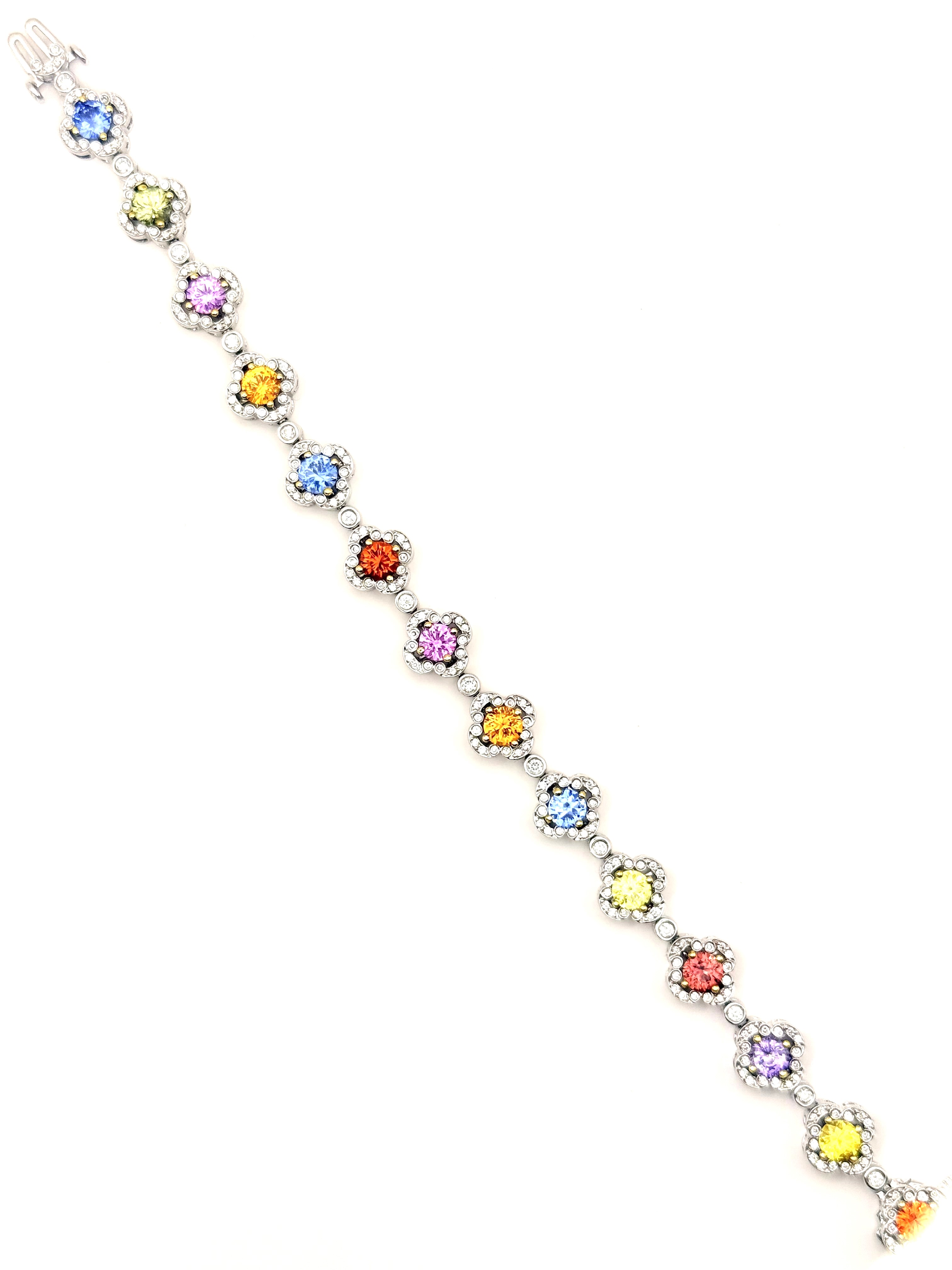 Charles Krypell 18 Karat White/Yellow Gold Bracelet With 238=1.45Tw Round H/I VS2-SI1 Diamonds And 14=7.66Tw Round Multi-Color Sapphires Length: 7.25