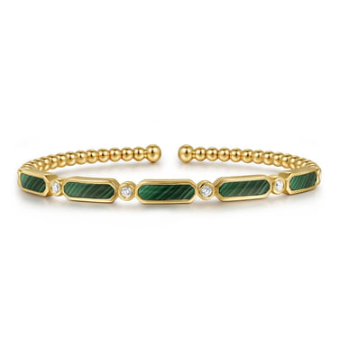 Gabriel & Co14 Karat Yellow Gold Diamond and Malachite Bujukan Bangle Size 6
 Malachite Weight 2.99 Ct & Diamond 0.21ct