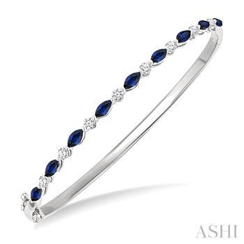 14 Karat White Gold Marquise Sapphires Bangle Bracelet With  Round Brilliant Cut Diamonds 0.51tw
