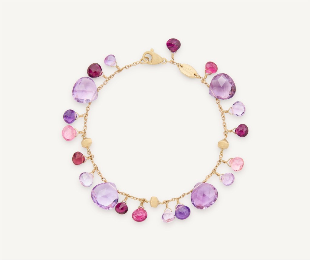 Marco Bicego 18 Karat Yellow Gold Paradise Amethyst And Pink Tourmaline Single Strand Bracelet 
7.25 inch