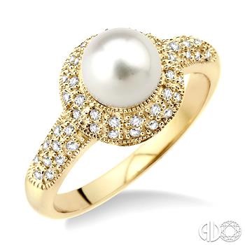10 Karat Yellow Gold Ring With One 6.50mm Round Pearl And 51=0.25Tw Round Diamonds