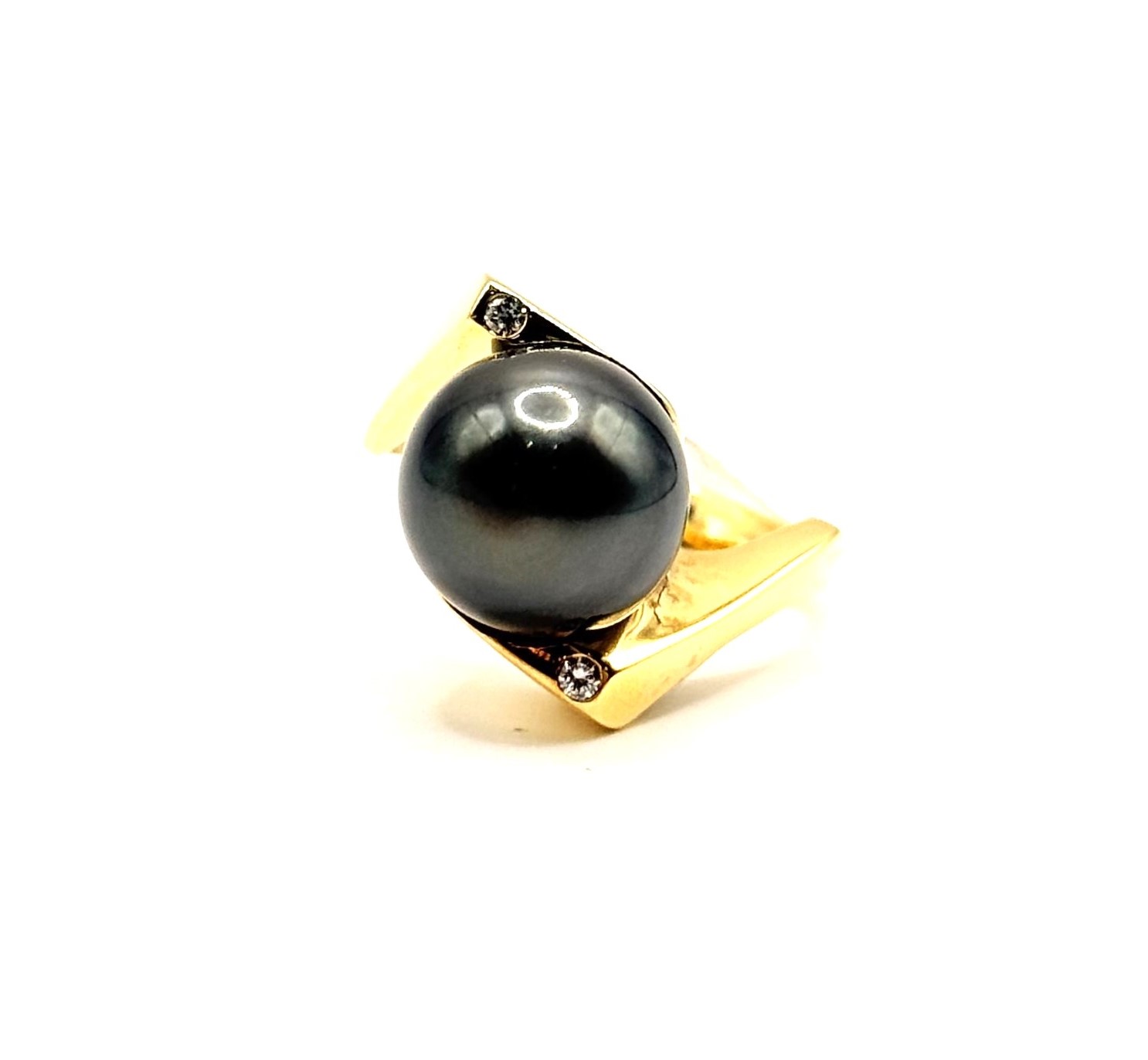 Estate18 Karat Yellow Gold Ring With One 12 mm Round Black Pearl With Diamond Accent (AS IS)