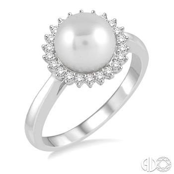14 Karat White Gold 8.0 Mm Pearl And 0.20 Ct Diamond Halo Ring