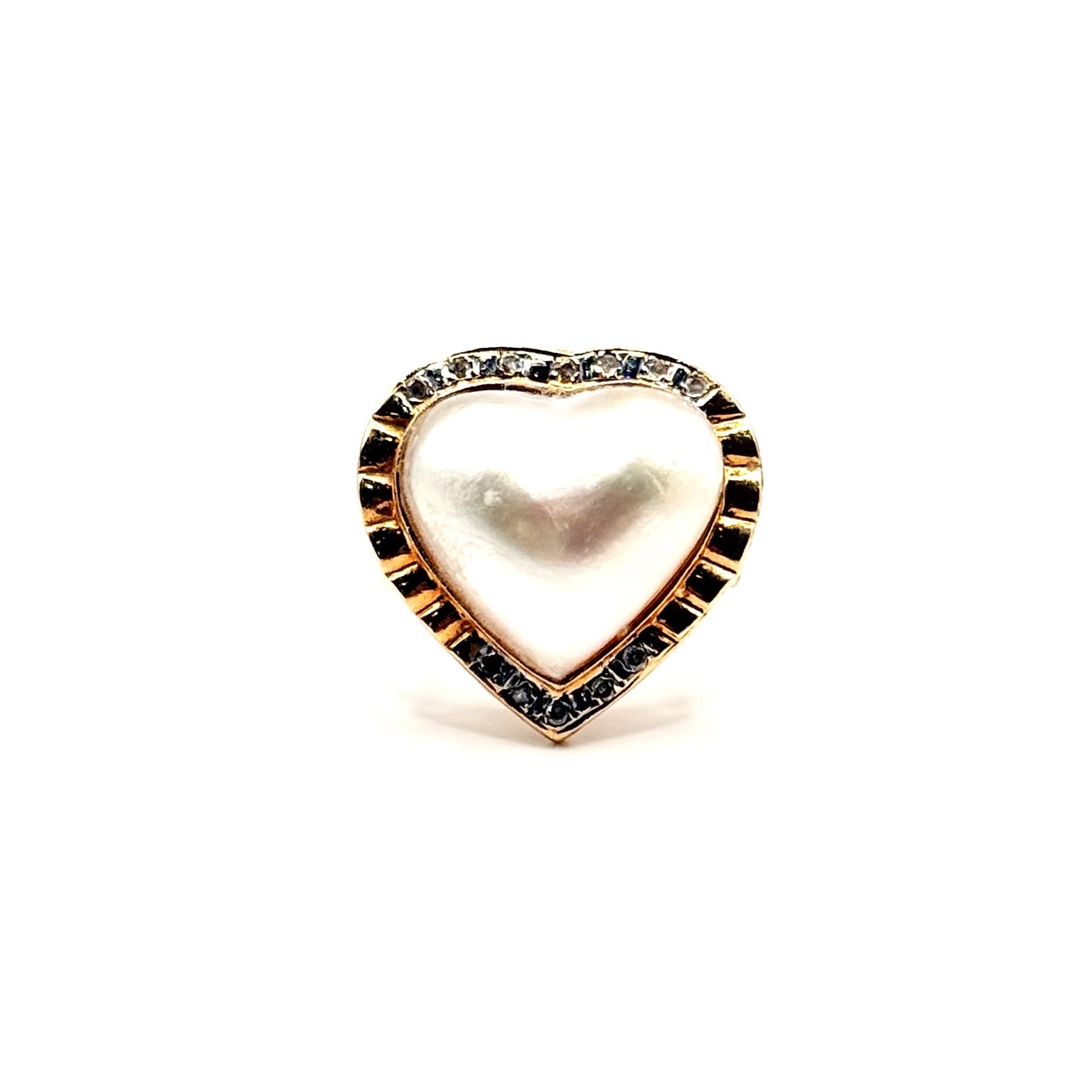 Estate 14 Karat Yellow & White Gold Heart Mother Of Pearl With Diamond  Ring (AS IS)