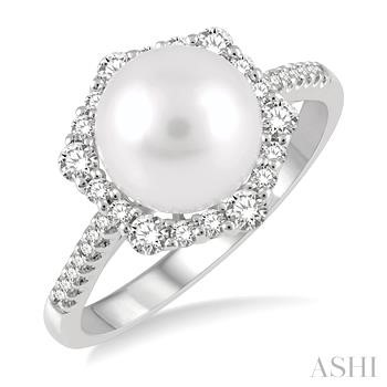 14 Karat White Gold 8.0 mm Pearl And 0.35 Ct Diamond Hexagon Halo Ring
