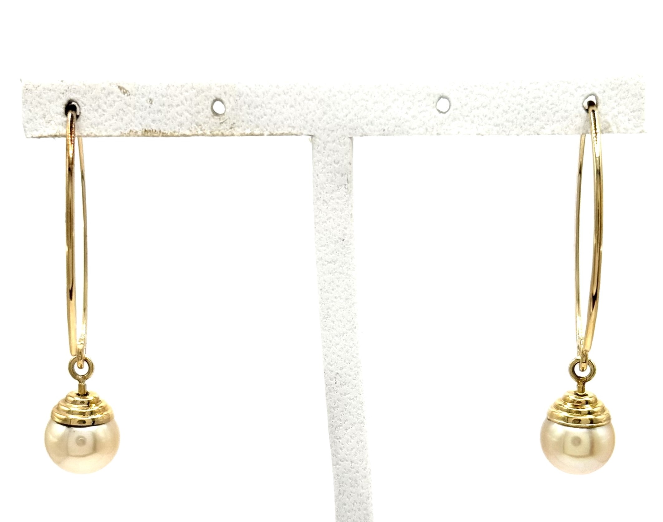 Estate14 Karat Yellow Gold  2=7.5mm Round Golden Pearl Dangle Earrings (AS IS)