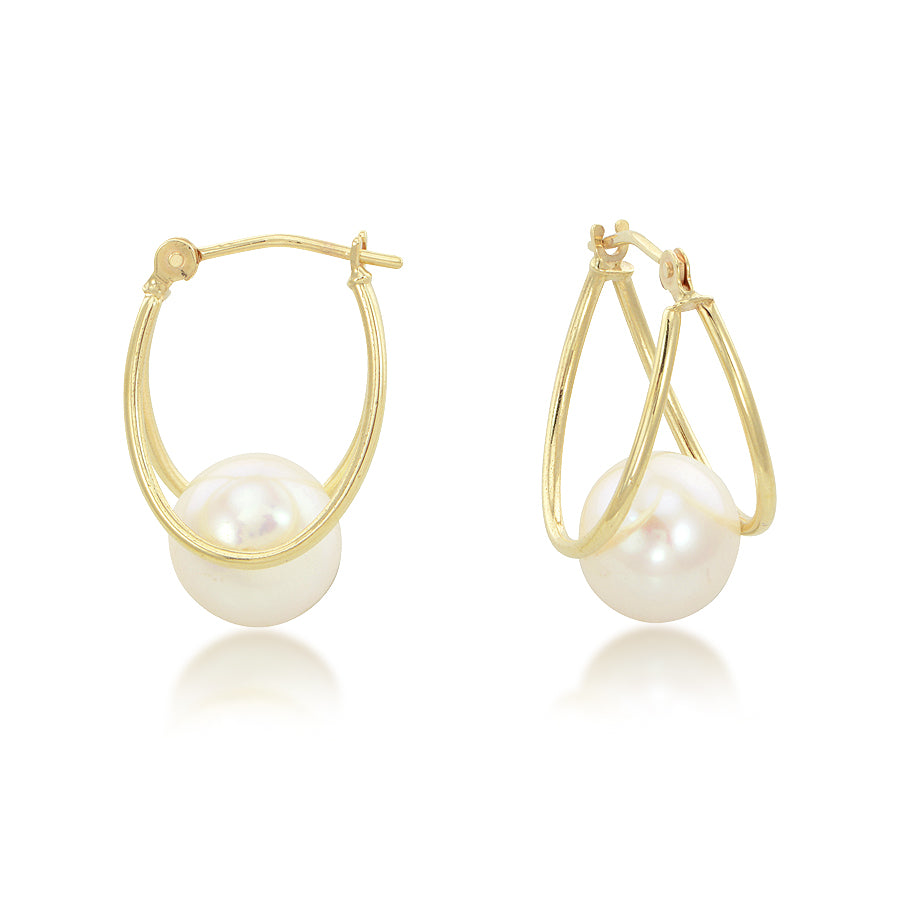14 Karat Yellow Gold 8.0 Freshwater Pearl Split Hoop Earrings