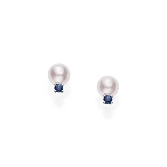 Mikimoto 18 Karat 8.0 mm Akoya Pearl And Sapphire Stud Earrings