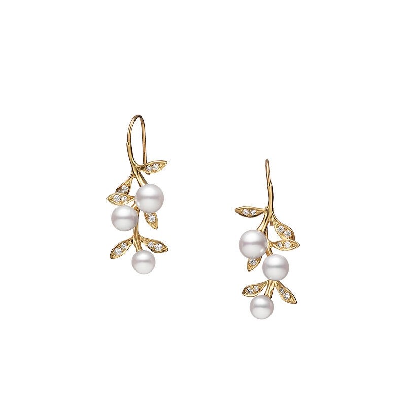 Mikimoto 18 Karat Yellow Gold Blossom 5-6 mm Akoya Pearl And 0.26 ct Diamond Drop Earrings