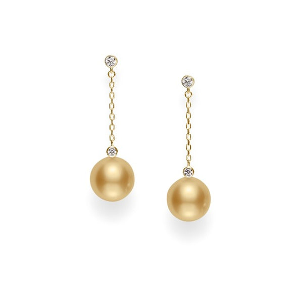 Mikimoto 18 Karat Yellow Gold Classic 10 Mm A+ Golden South Sea Cultured Pearl Earrings With Round Brilliant Cut Diamonds 0.18 Cts
