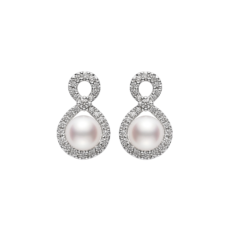 Mikimoto 18 Karat White Gold 6.5 Mm A+ Ruyi Collection Akoya Cultured Pearl Earrings With Round Brilliant Cut Diamonds 0.22 Cts