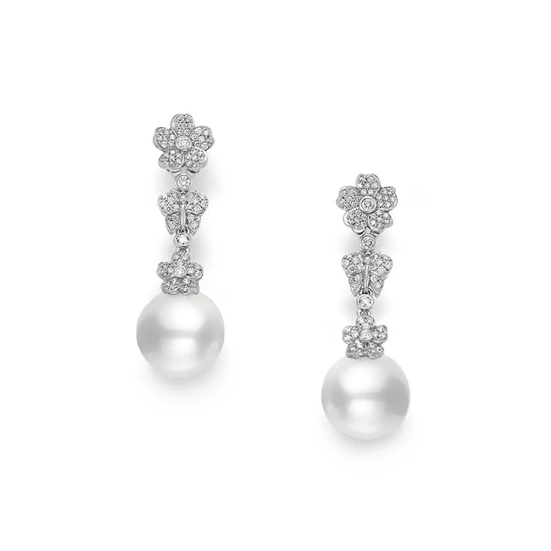 Mikimoto 18 Karat White Gold 11 Mm A+ Cherry Blossom Cultured Pearl Earrings With Round Brilliant Cut Diamonds 0.50Cts