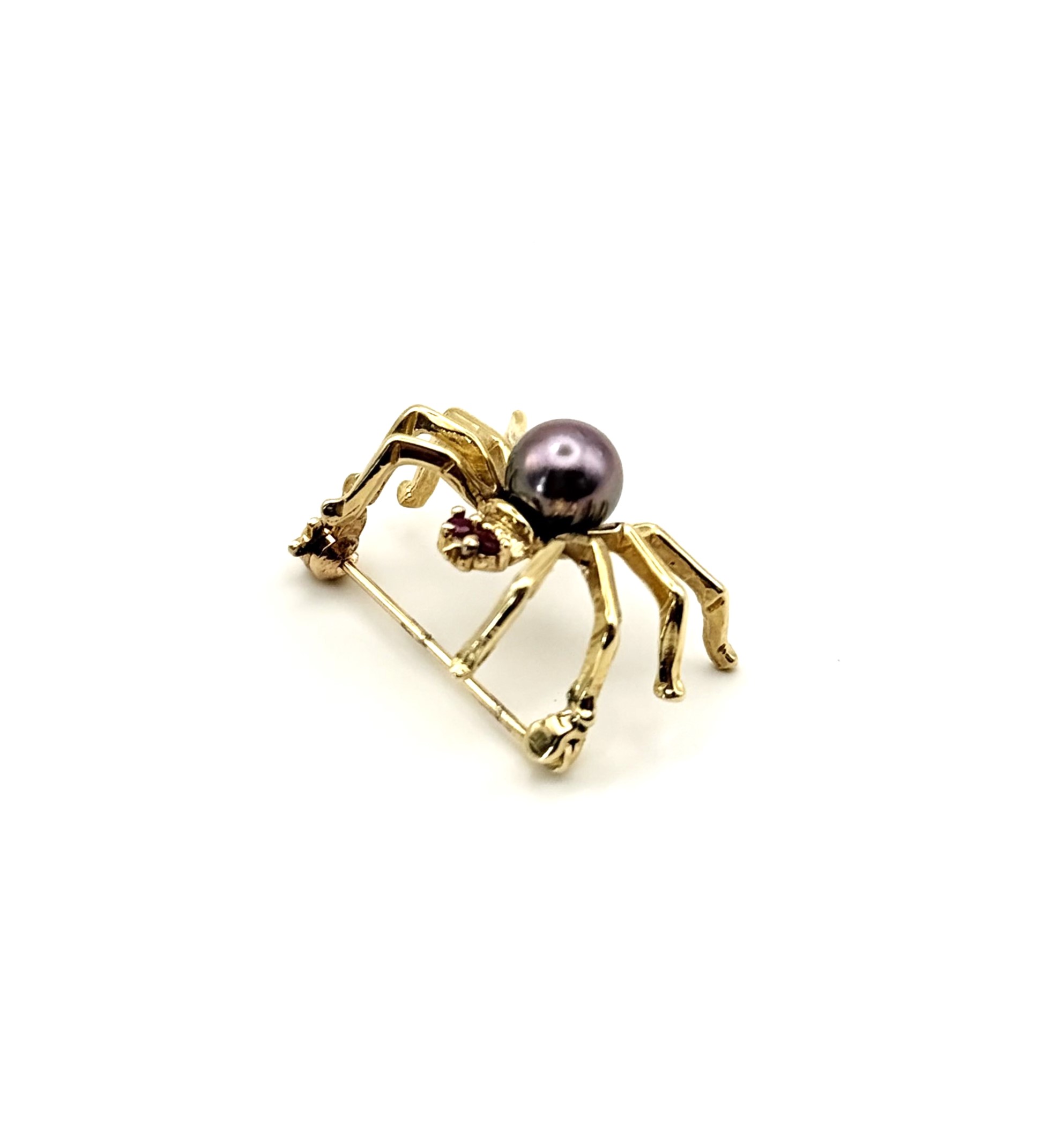 Estate10 Karat Yellow Gold Brooch With 6mm Round Black Pearl 2= Round Rubys (AS IS)