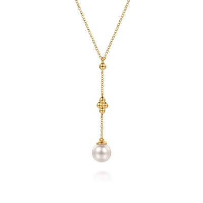 Gabriel & Co14 Karat Yellow Gold Clover Bujukan and  8-8.5mm Pearl Drop Necklace
Length:17.5