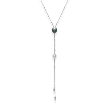 Mikimoto 18 Karat White Gold 8.0 mm Akoya And 10.0 mm Black Soith Sea Pearl And Motion 0.07 ct Diamond Pendant 
28 Inch