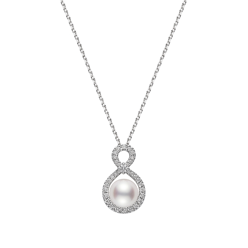 Mikimoto 18 Karat White Gold 8 Mm A+ Ruyi Collection Akoya Cultured Pearl Pendant With Round Brilliant Cut Diamond 0.21 Cts 
Chain Length: 18 Inch