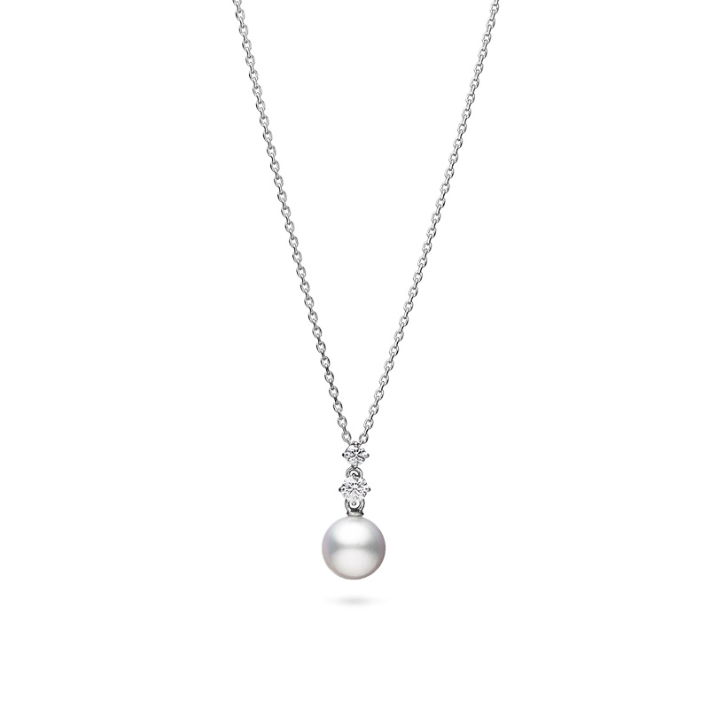 Mikimoto 18 Karat White Gold Morning Dew 6.75Mm A+ Akoya Cultured Pearl Drop Pendant With Round Brilliant Cut Daimonds 0.10Cts 
Chain Length: 16 - 18 Inch