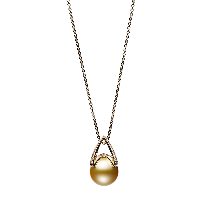 Mikimoto 18 Karat Yellow Gold M Collection 12 Mm A+ Golden South Sea Cultured Pearl Pendant With Round Brilliant Cut Diamond 0.25Cts 
Chain Length: 23.5 Inch