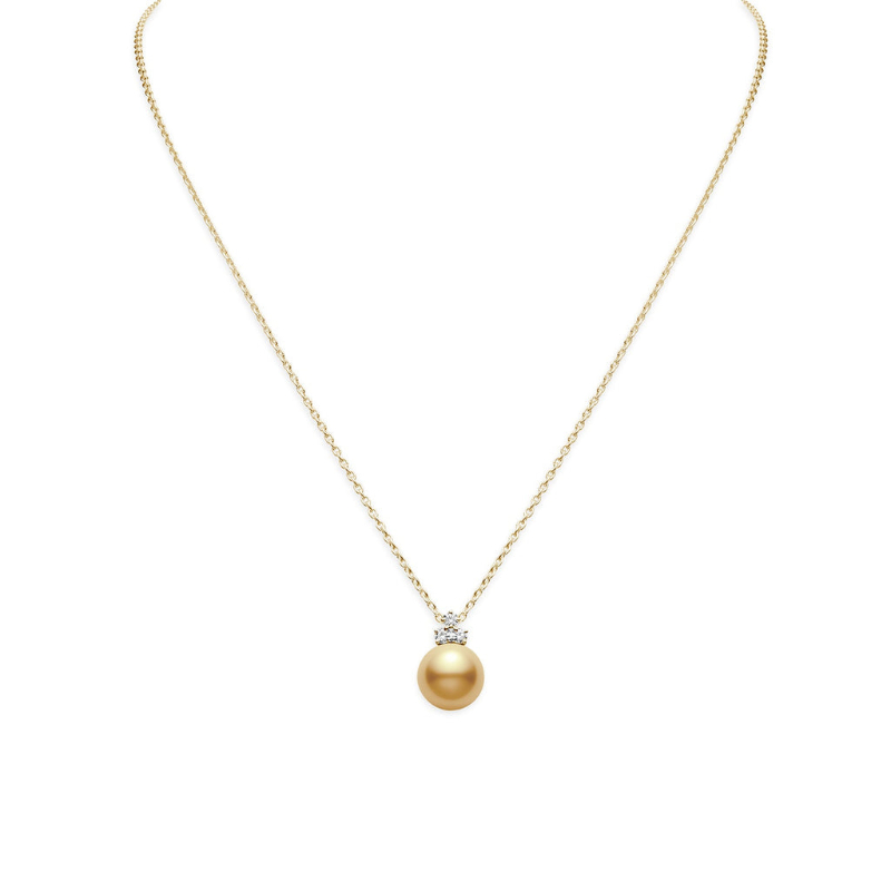 Mikimoto 18 Karat Yellow Gold 11 Mm A+ Golden South Sea Pearl Pendant With Round Brilliant Cut Diamonds 0.18 Cts 
Chain Length: 20 Inch Adjastable
