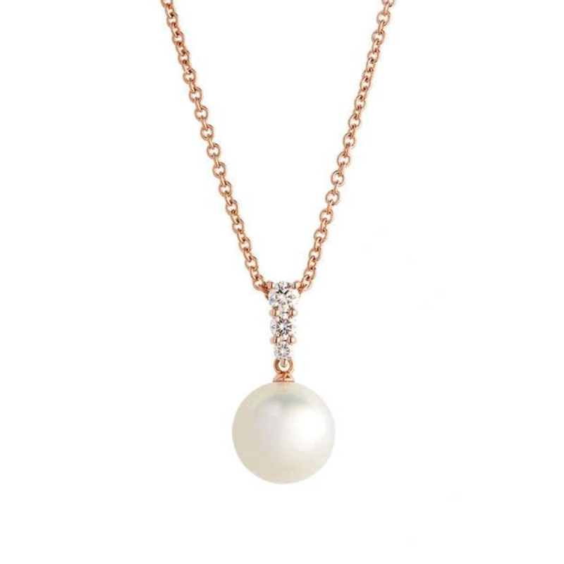 Mikimoto 18 Karat Rose Gold 10 Mm A+ Morning Dew White South Sea Pearl Pendant With Round Brilliant Cut Diamonds 0.24 Cts 
Chain Length: 16 - 18 Inch