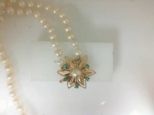 Estate 14 Karat Yellow Gold Turquoise Pearl Clasp With 5.5 To  6Mm Freshwater Pearls  18 Inch (As Is)
For Single Strand