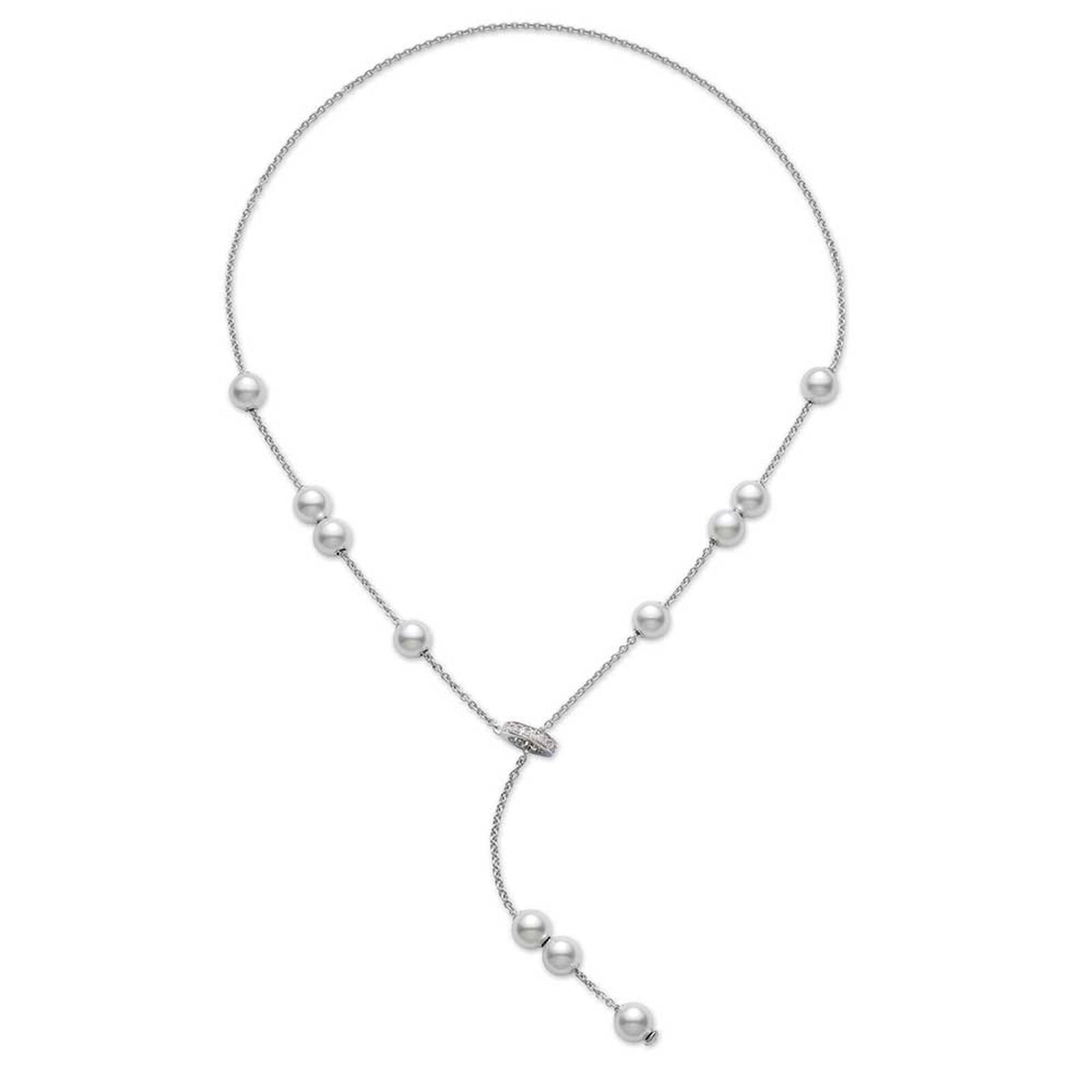 Mikimoto 18 Karat White Gold 7.0 Mm X 7.50 Mm A Pearl In Motion Necklace With 0.20 Ct Diamond Clasp 19 Inch