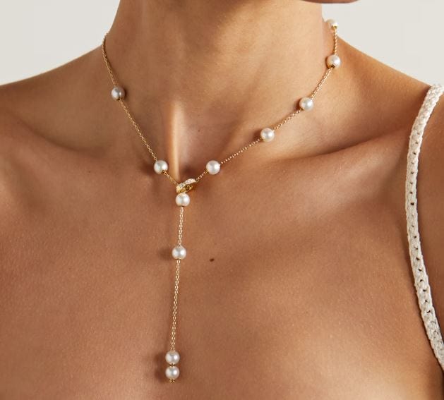 Mikimoto 18 Karat Yellos Gold 7.0 Mm X 7.50 Mm A Pearl In Motion Necklace With 0.20 Ct Diamond Clasp 19 Inch