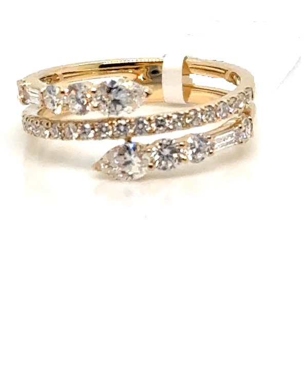 14 KaratYellow Gold Bypass Ring With 2=0.09Tw Baguette Diamonds, 2=0.33Tw Pear Diamonds And 0.55 Twt Round Diamonds 
Ring Size: 6.5