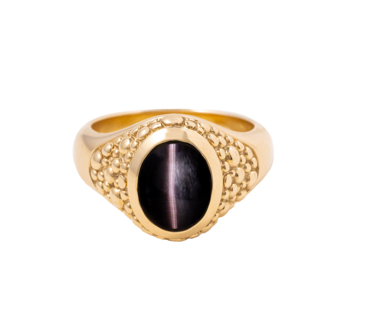 King Baby 10 Karat Gold Cat Eye 11 x 8.5 mm Oval Sillimanite Cabachon Ring With Stingray Texture
size 11