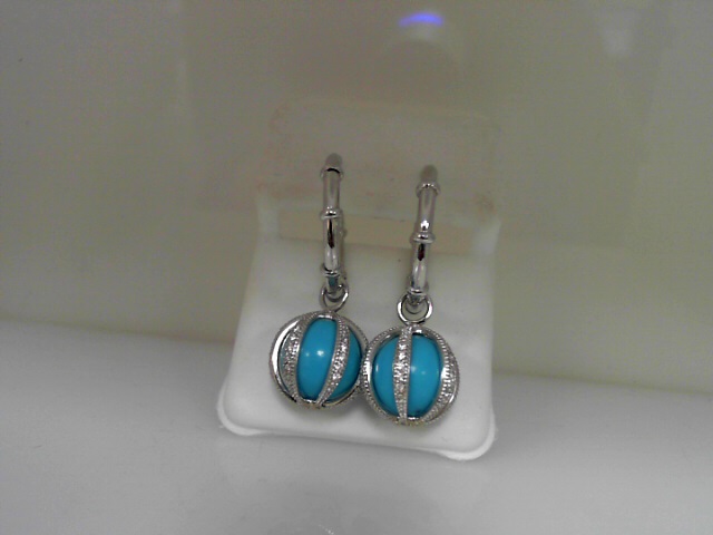 ESTATE 14 Karat White Gold Fancy Small Hoop Earrings with 0.15 ct tw diamonds beaded enhancers with Turquoise beads 

Please keep in mind that when buying Estate items you are purchasing something that is pre-loved.  Most Estate items show signs of wear