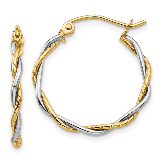 14 Karat Yellow And White Gold Twisted Hoop Earrings