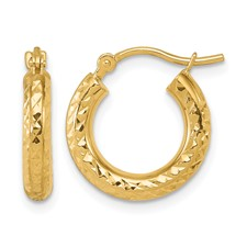 14 Karat Yellow Gold 3.0 Mm Small Diamond Cut Hoop Earrings
