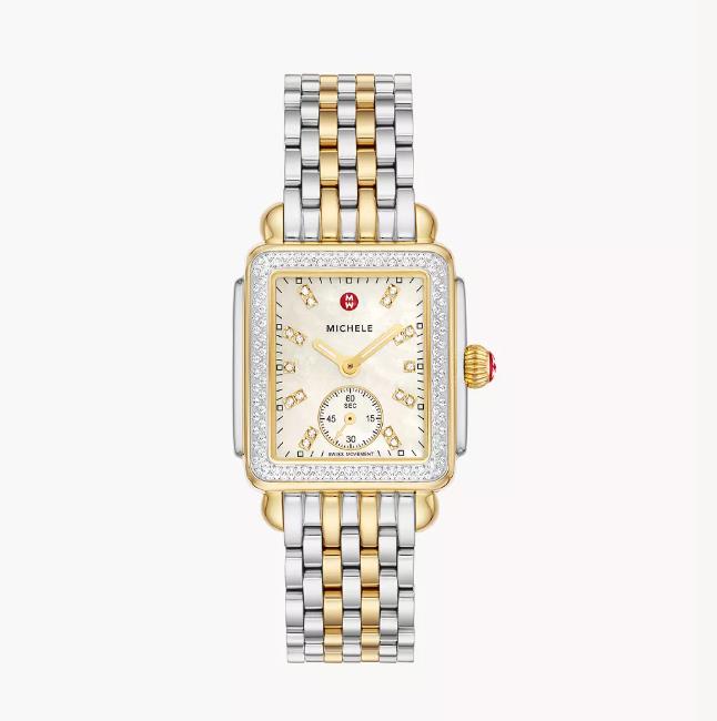 Michele Deco Mid Two-Tone 18K Gold-Plated Mohter Of Pearl Diamond Dial And Bezel Watch