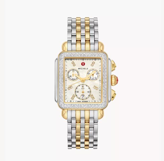 Michele 18K Gold-Plated/Stainless Deco Mohter Of Pearl Diamond Dial/Bezel Chronograph Watch