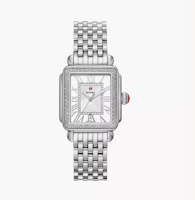 Michele Stainless Deco Madison Mid Mother Of Pearl Diamond Dial And Bezel Watch