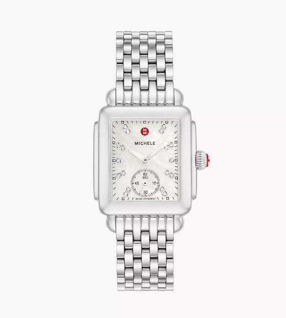Michele Stainless Deco Mid Mother Of Pearl Dial With Diamond Markers Watch