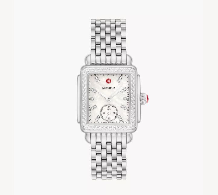 Michele Stainless Steel Deco Mid Diamond Mother Of Pearl Diamond Dial/Bezel Watch