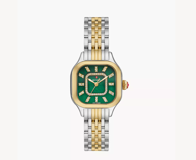 Michele Meggie 18K Two-Tone Gold-Plated Diamond Green Mother Of Pearl Dial Watch 0.19 Ct