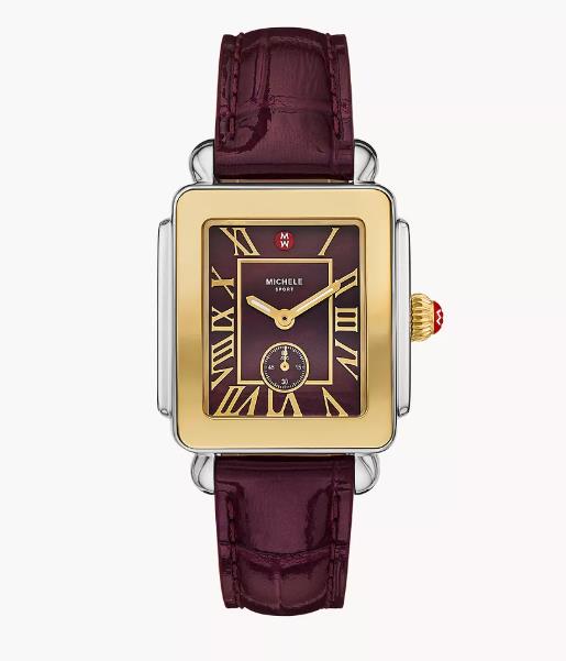 Michele Deco Sport Mid Gold-Plated Dark Cherry Leather Watch
