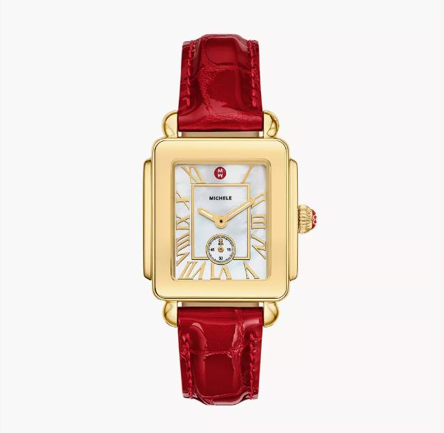 Michele Deco Sport Mid Gold-Plated Ruby Red Leather Watch (MWW06H000005)